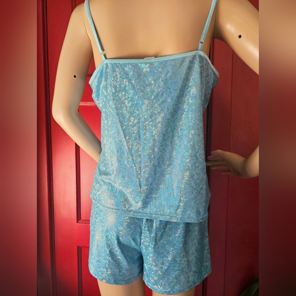 NWOT Sparkly Iridescent Baby Blue Tank Top Shorts Hot Pants Rave Set M 8 10 Jr L - Picture 2 of 10